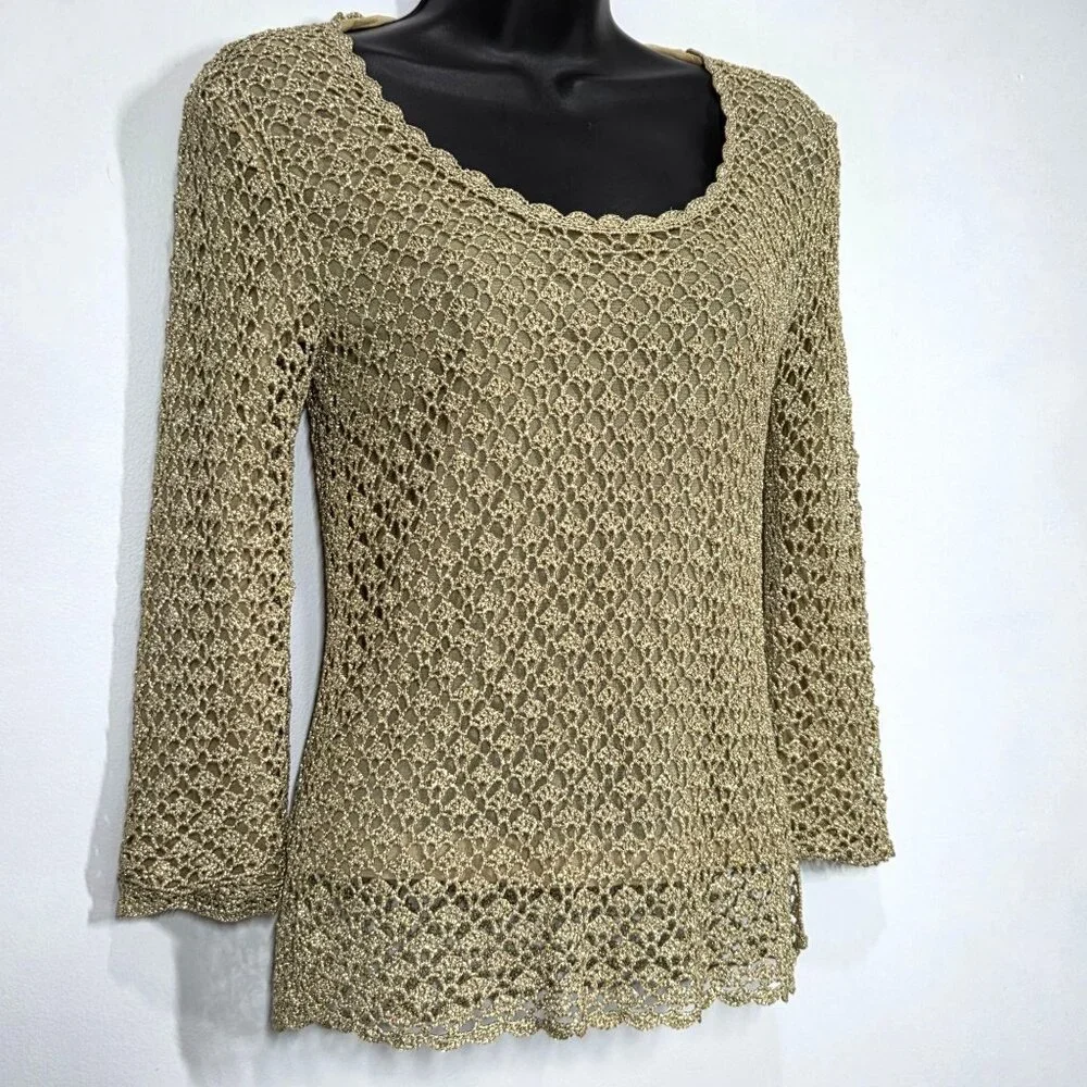 Vintage Cache Top Womens Small Gold Metallic Crochet Knit Mesh Party Y2K